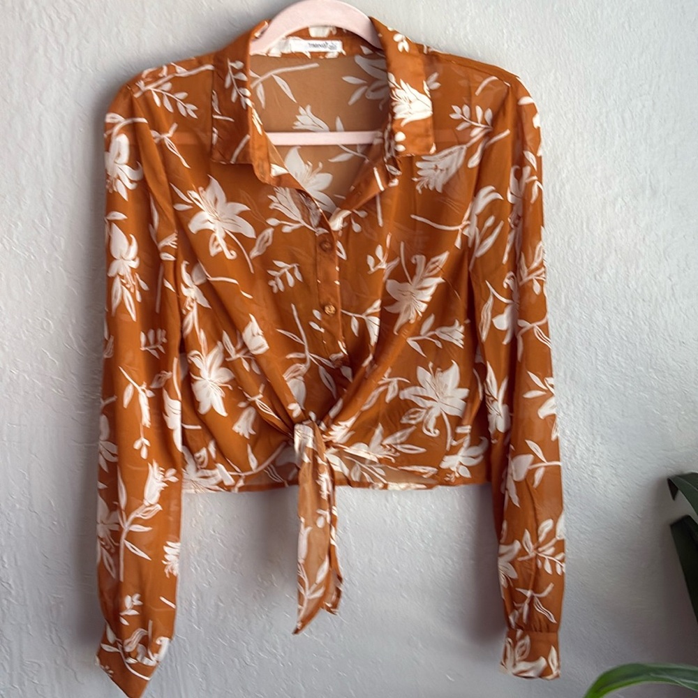 Copper brown and white sheer floral print button down tie blouse.